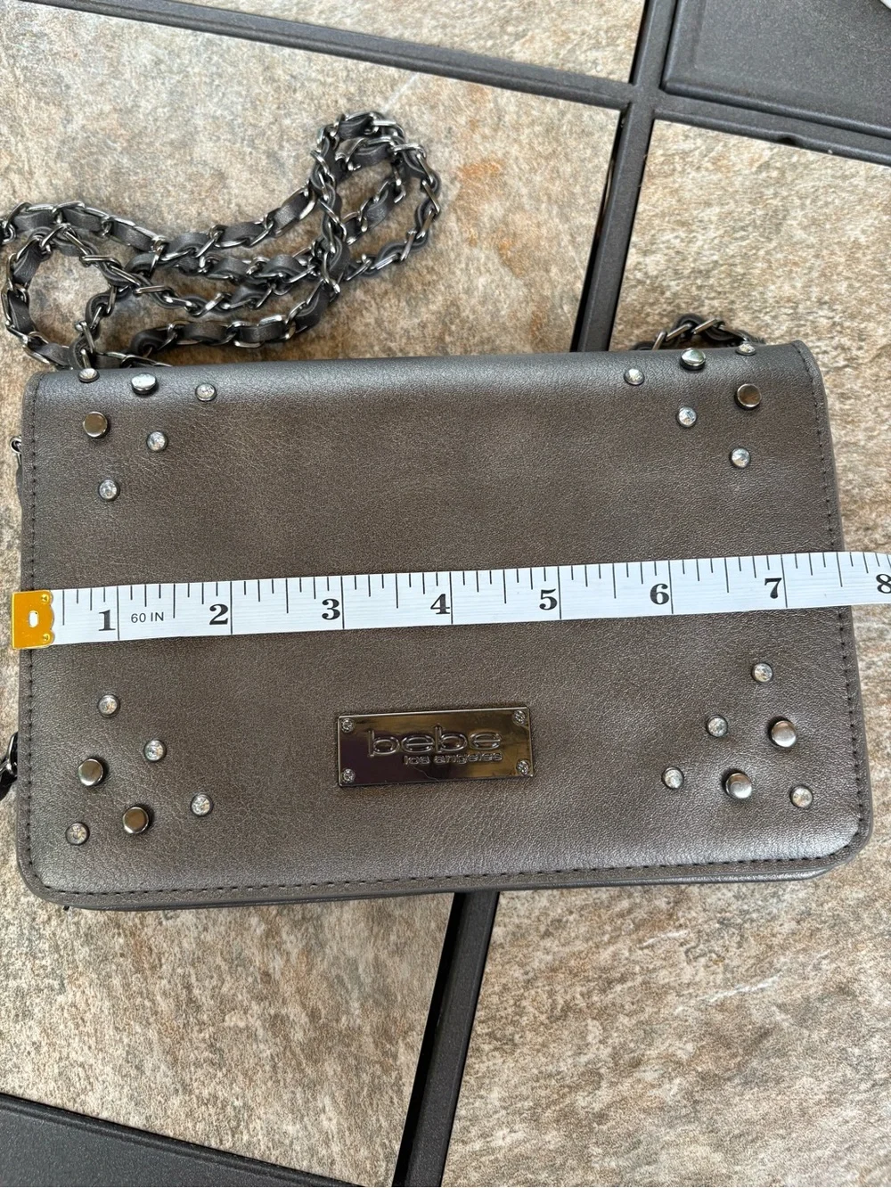 bebe Metallic Gunmetal Gray Studded Crossbody Bag
